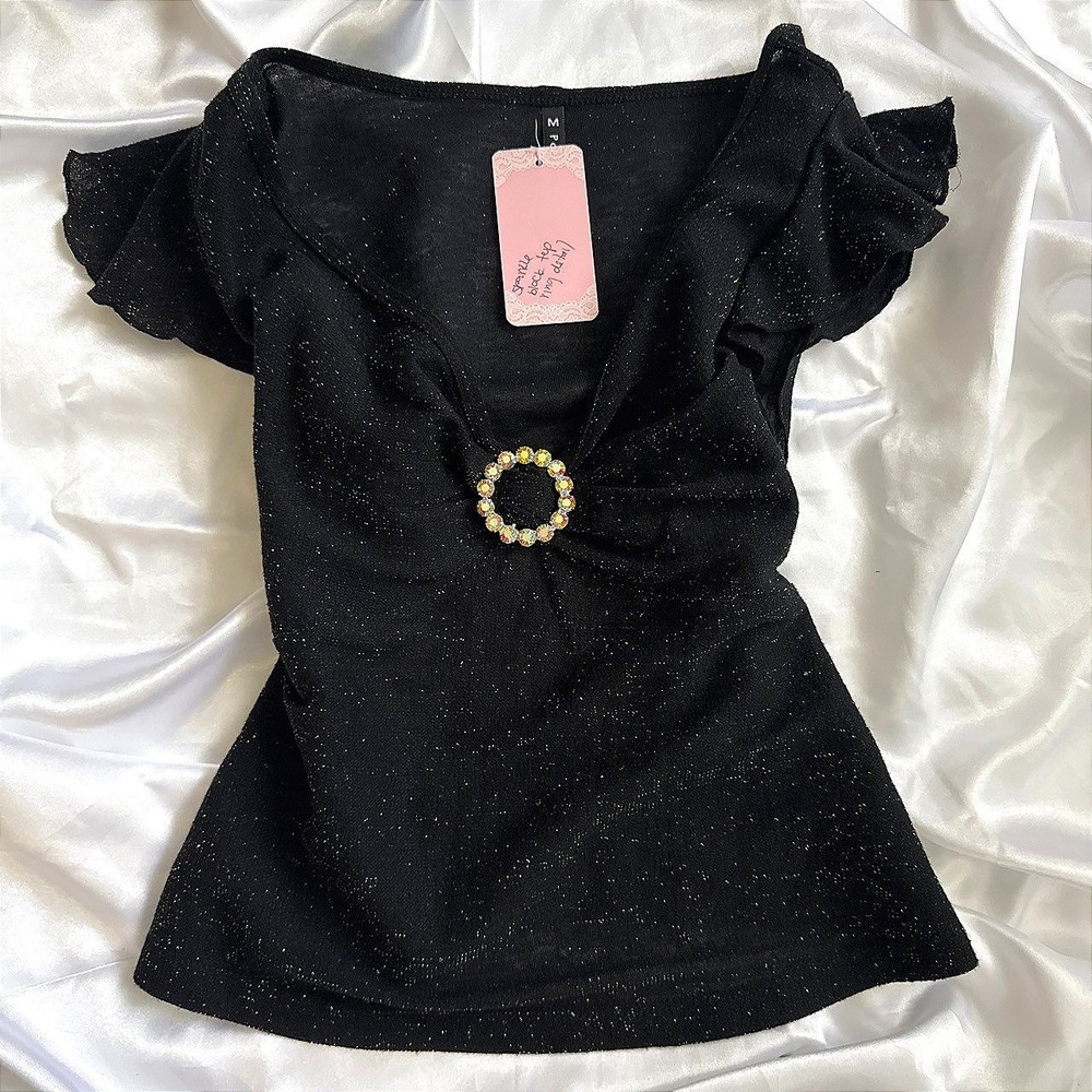 Poleci Womens Black Sparkle V-Neck Top Ruffle Sleeve Rhinestone Ring Detail M